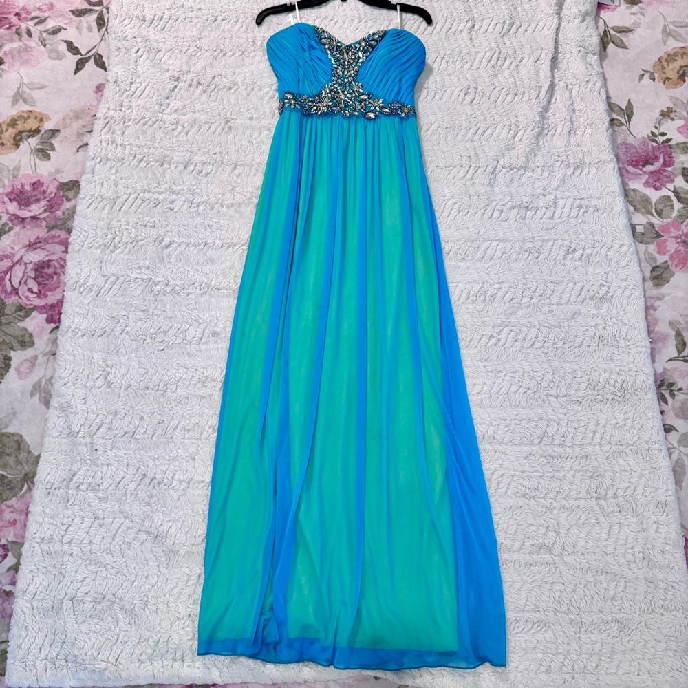 Strapless green and blue Blue Beaded Chiffon Maxi Dress | Size 13